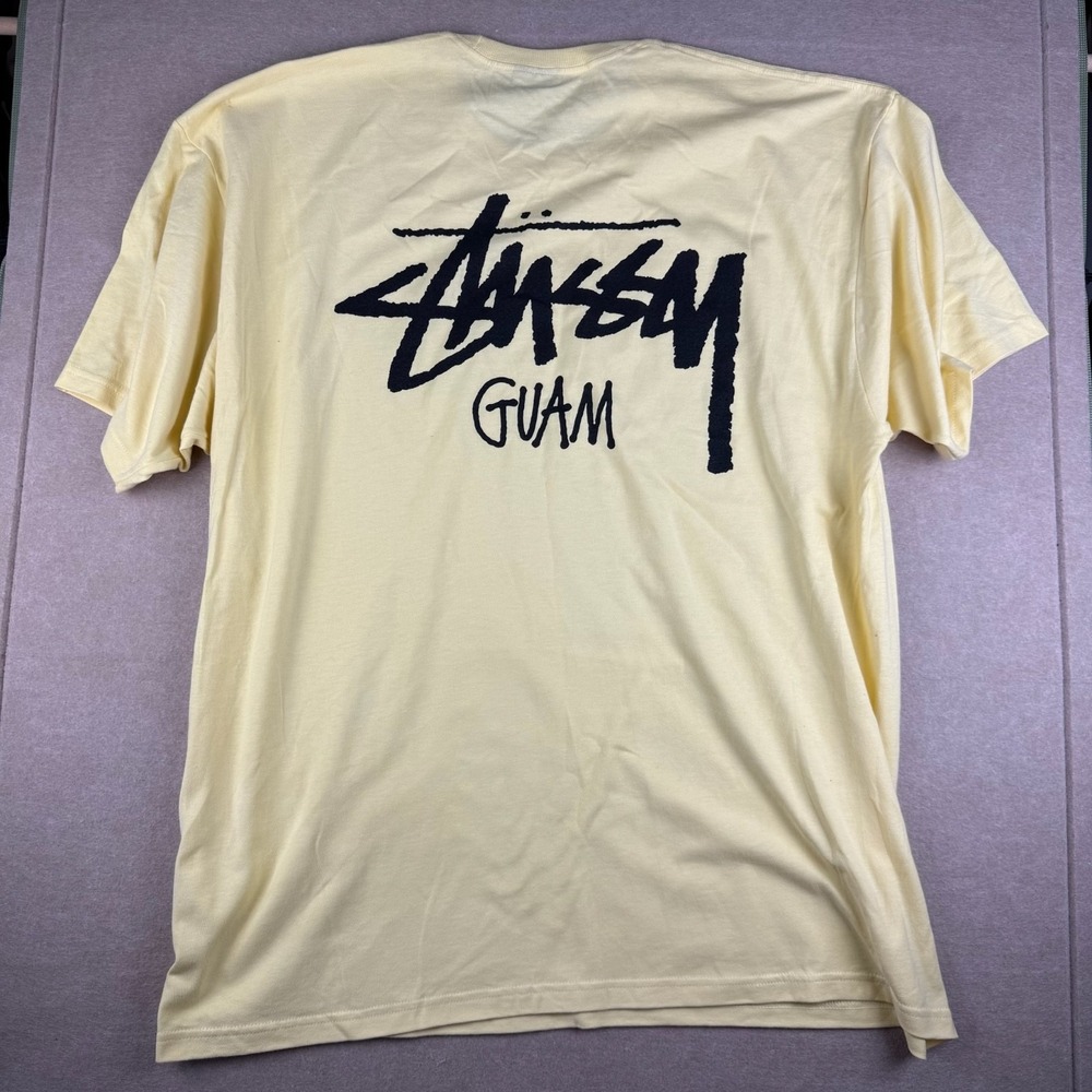 Stussy Guam Shirt Mens 2XL Yellow Logo Streetwear Skate Surf Graphic Tee